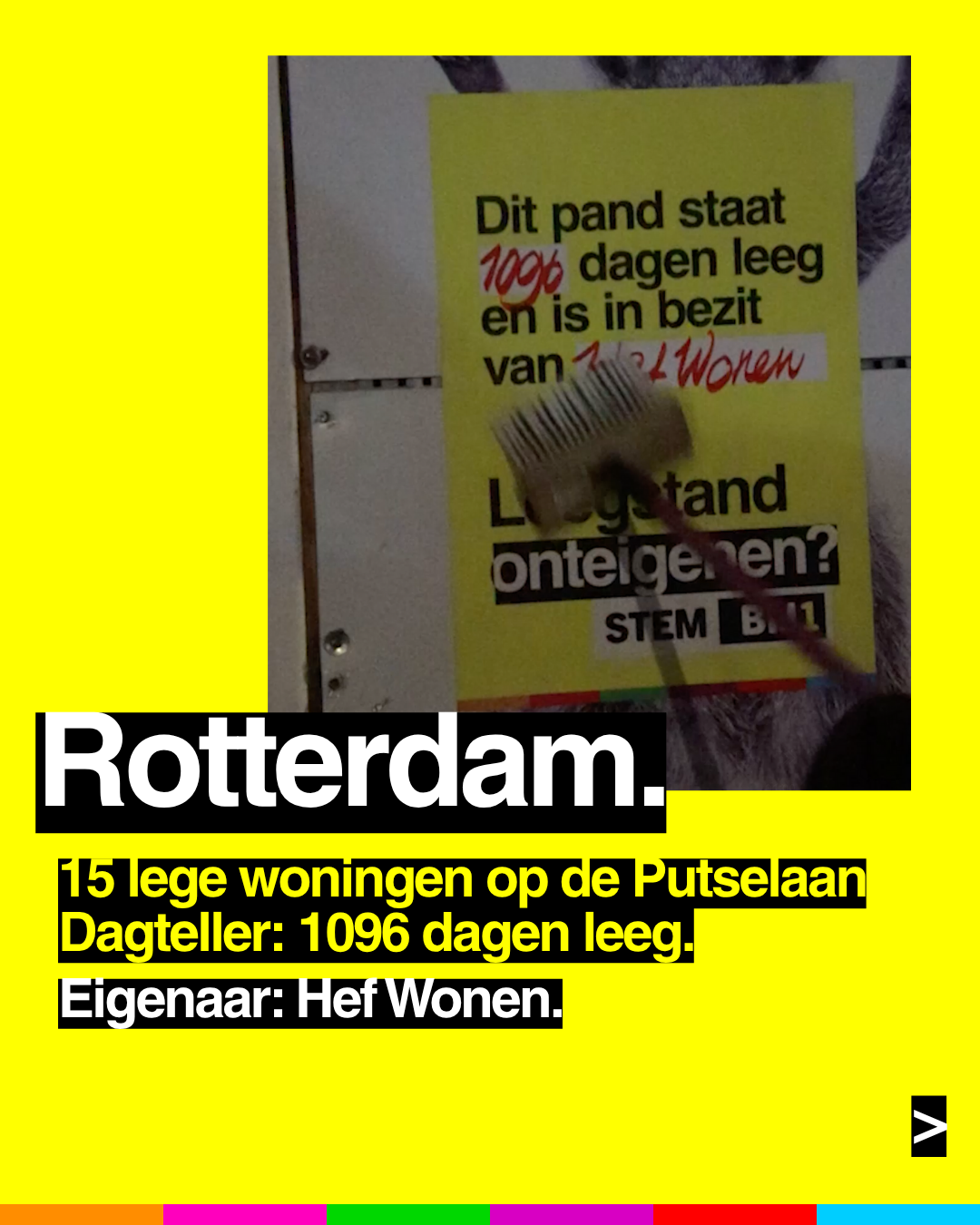 Rotterdam.
15 lege woningen op de Putselaan
Dagteller: 1096 dagen leeg.
Eigenaar: Hef Wonen.