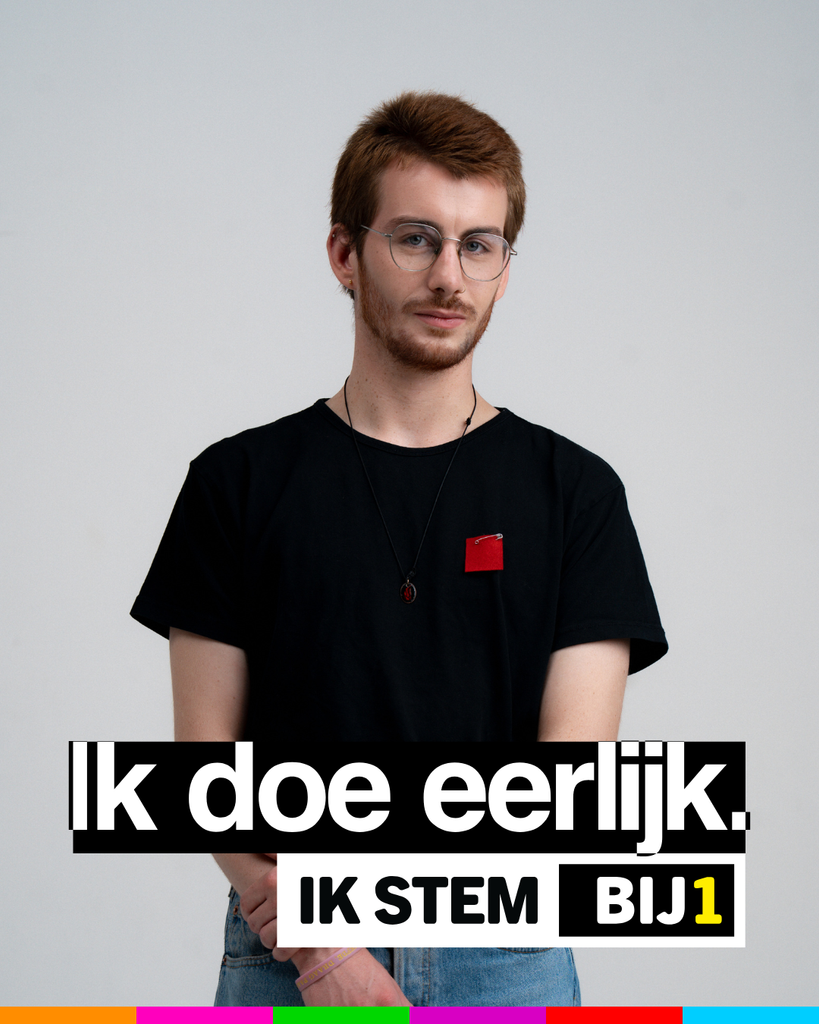 Foto van Teun met de tekst 'Ik doe eerlijk, ik stem BIJ1'