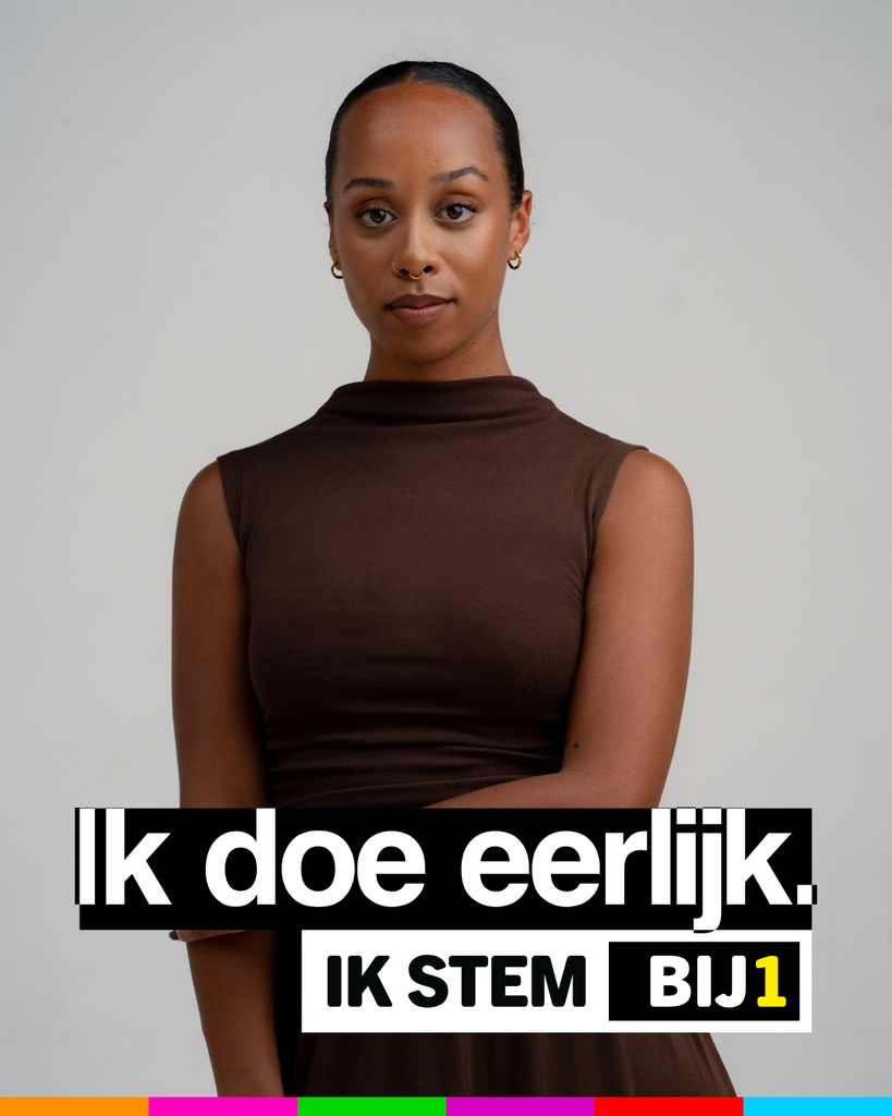 Foto van Naomi met de tekst 'Ik doe eerlijk, ik stem BIJ1'