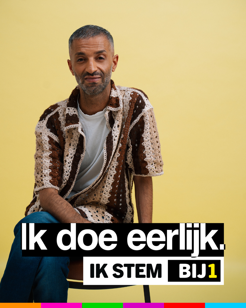 Foto van Tofik met de tekst 'Ik doe eerlijk, ik stem BIJ1'