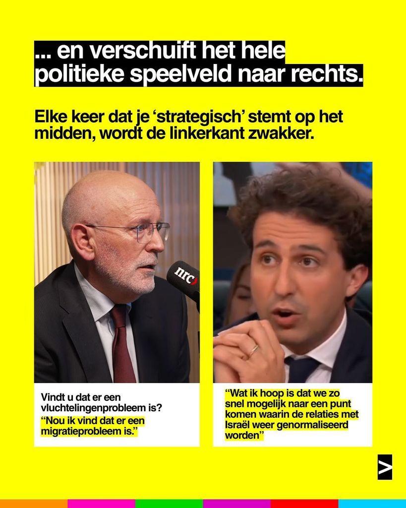 ... en verschuift het hele
politieke speelveld naar rechts.
Elke keer dat je 'strategisch' stemt op het
midden, wordt de linkerkant zwakker.
Vindt u dat er een
vluchtelingenprobleem is?
Timmermans: "Nou ik vind dat er een
migratieprobleem is."
Klaver: "Wat ik hoop is dat we zo
snel mogelijk naar een punt
komen waarin de relaties met
Israel weer genormaliseerd
worden"