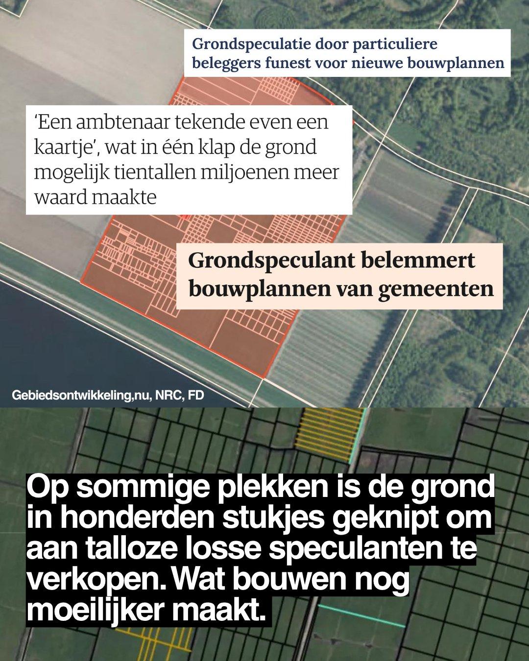 Teksten uit de media (Gebiedsontwikkeling.nu, NRC, FD): 
• 'Grondspeculatie door particuliere beleggers funest voor nieuwe bouwplannen'
• 'Een ambtenaar tekende even een kaartje', wat in één klap de grond mogelijk tientallen miljoenen meer waard maakte
• 'Grondspeculant belemmert bouwplannen van gemeenten'
Op sommige plekken is de grond in honderden stukjes geknipt om aan talloze losse speculanten te verkopen. Wat bouwen nog moeilijker maakt.